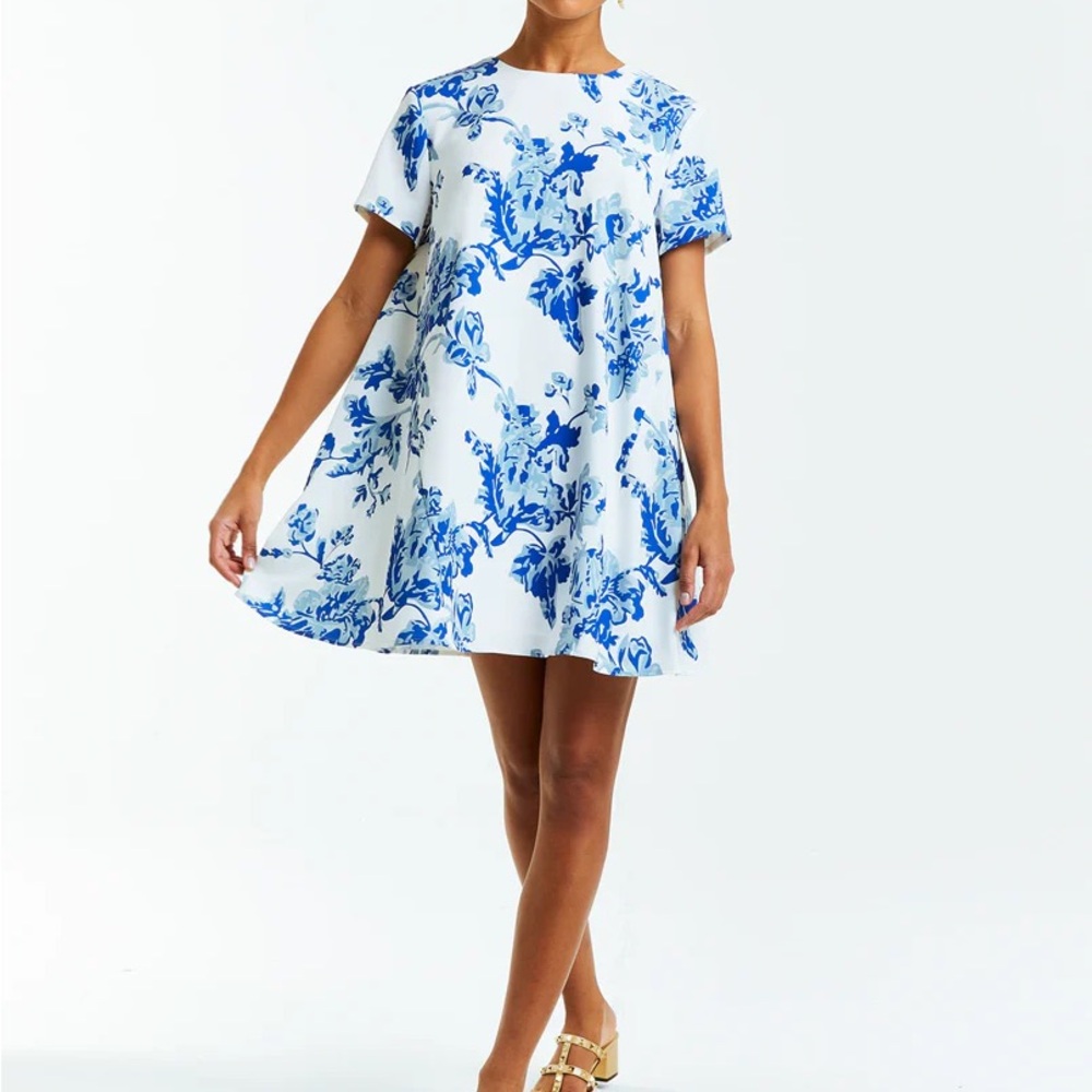 Mestiza New York Cecily Mini Dress Sz M Porcelain Blue Tie Neck SS Shift